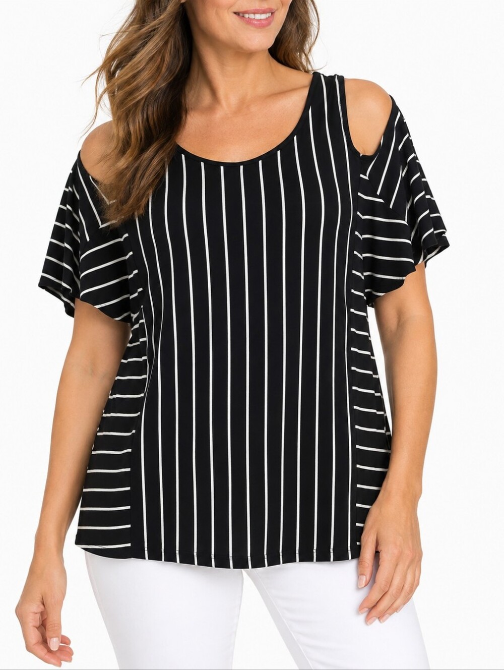 Cable & Gauge Black & White Striped Cold Shoulder Top XL